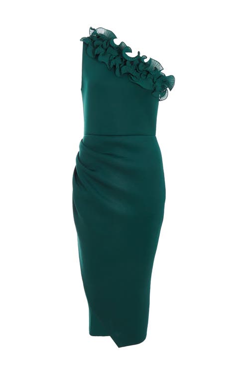Quiz Scuba One-shoulder Trim Ruched Midi Dress In Green