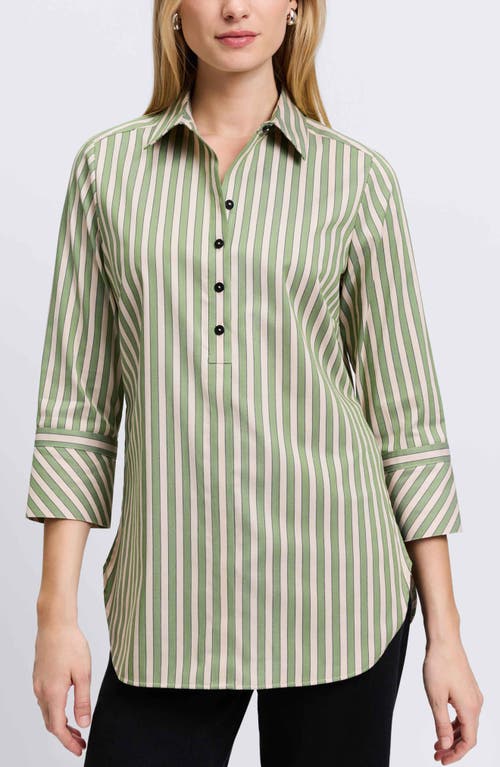 Foxcroft Madison Stripe Stretch Cotton Blend Top In Olive/neutral