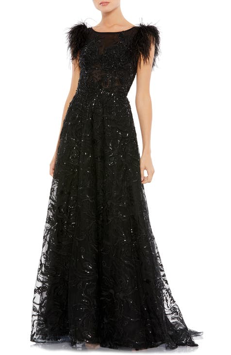 Feather Cap Sleeve A-Line Gown