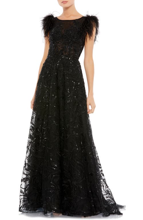 Mac Duggal Feather Cap Sleeve A-Line Gown Black at Nordstrom,