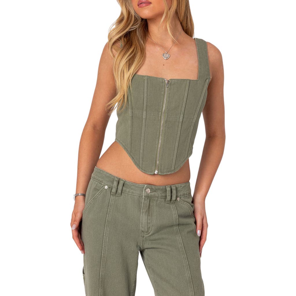 Edikted Lottie Washed Denim Crop Corset Top In Olive