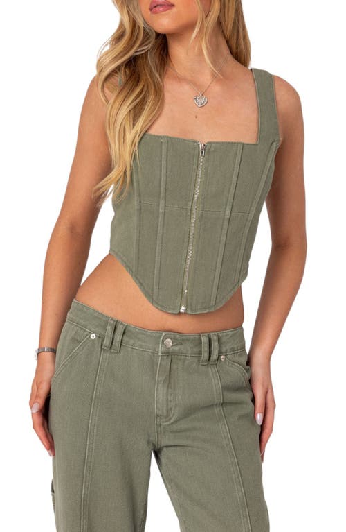 EDIKTED Lottie Washed Denim Crop Corset Top Olive at Nordstrom,