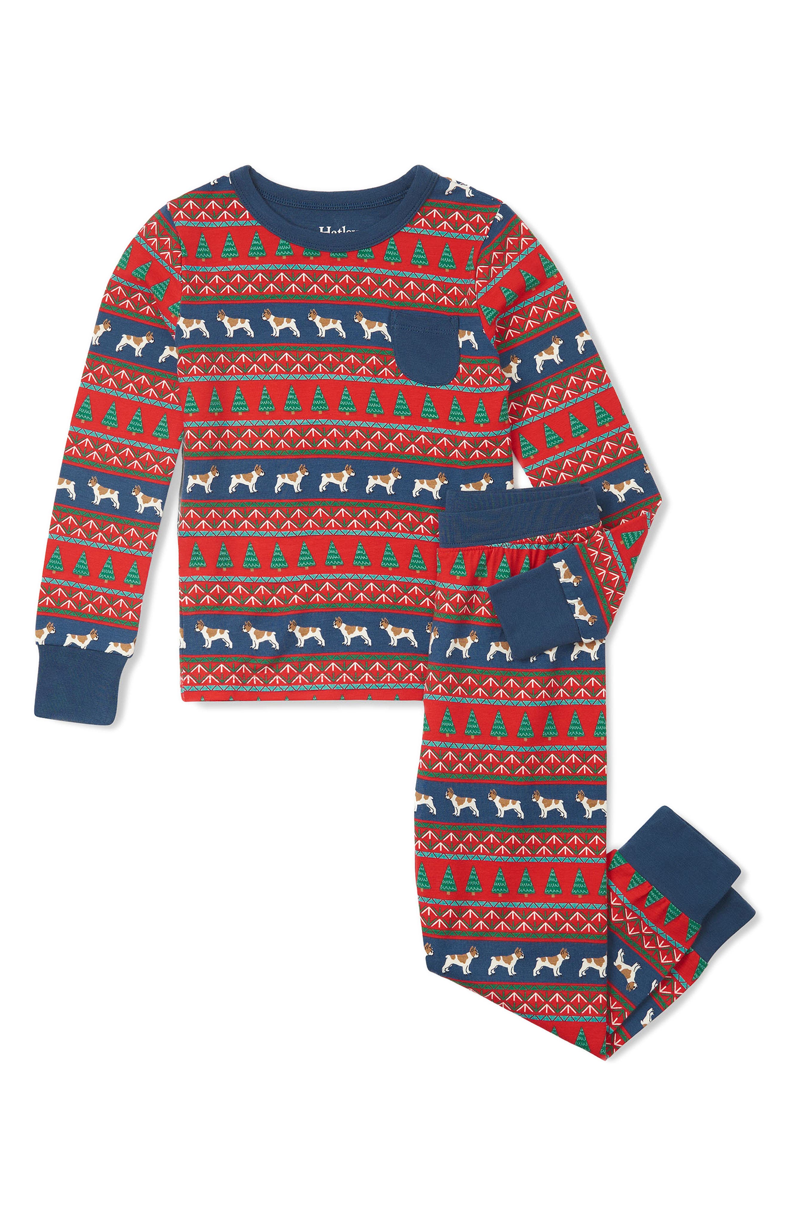 Hatley Kids' Bulldog Fair Isle Print Fitted Two-Piece Pajamas in Red 