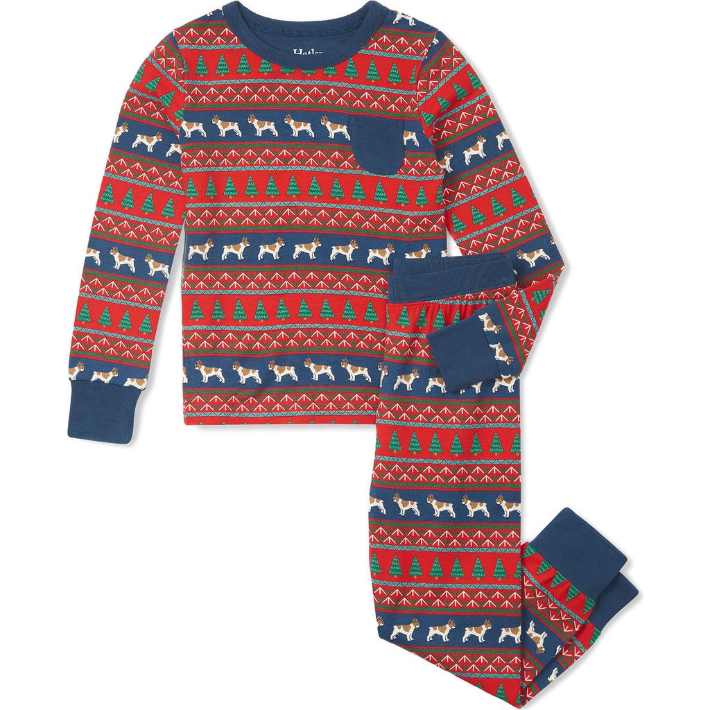 Hatley Kids' Bulldog Fair Isle Print Fitted Two-Piece Pajamas in Red