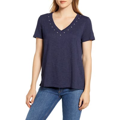 Vince Camuto Studded V-Neck Cotton Blend T-Shirt, Blue