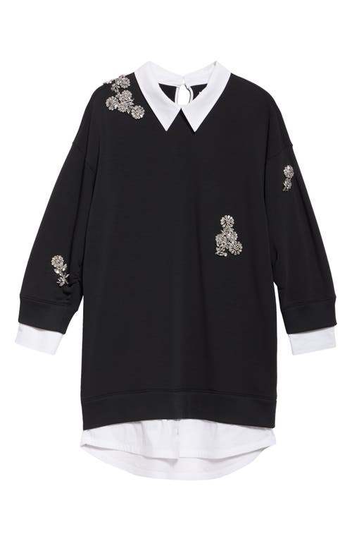 Shop Cinq À Sept Justina Crystal Chrysanthemum Long Sleeve Layered Cotton Blend Minidress In Black/white