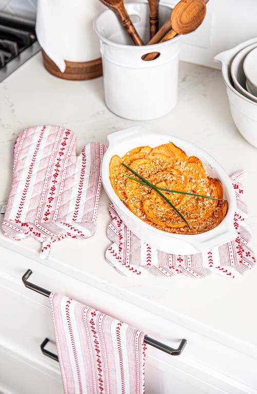 Juliska Villa Stripe Oven Mitt And Pot Holder Set Of 2 In Ruby
