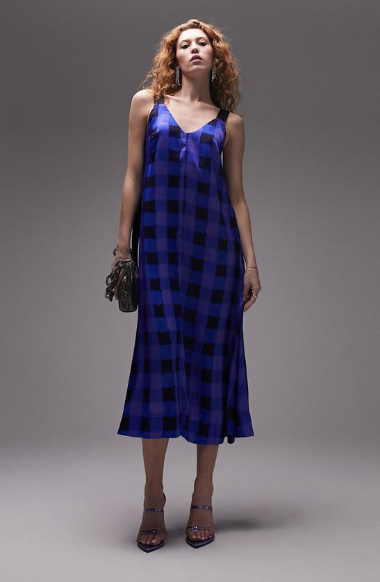 Shop Topshop Check Satin Slipdress In Mid Blue
