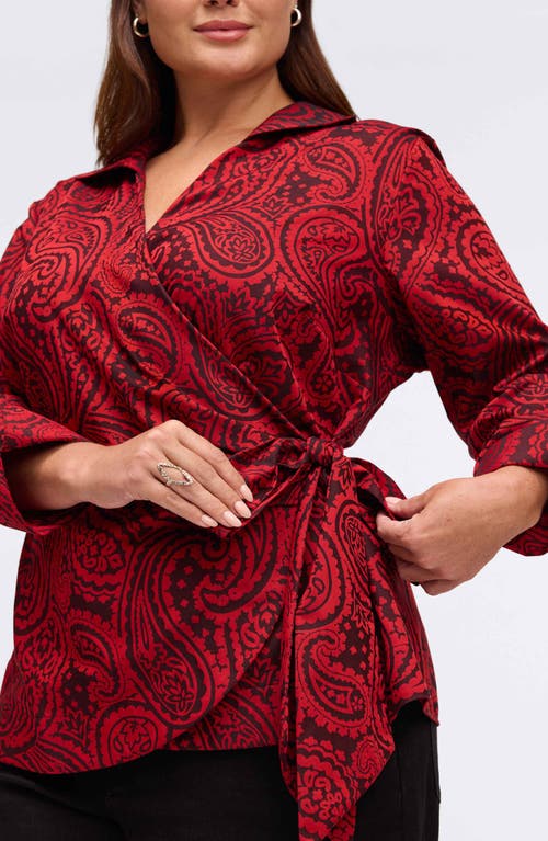 Shop Foxcroft Salina Paisley Print Cotton Blend Wrap Shirt In Black/red