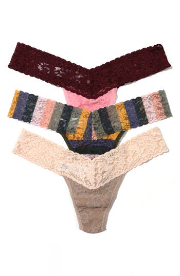 Shop Hanky Panky Low Rise Lace Thongs In Pink/dashwood/beige