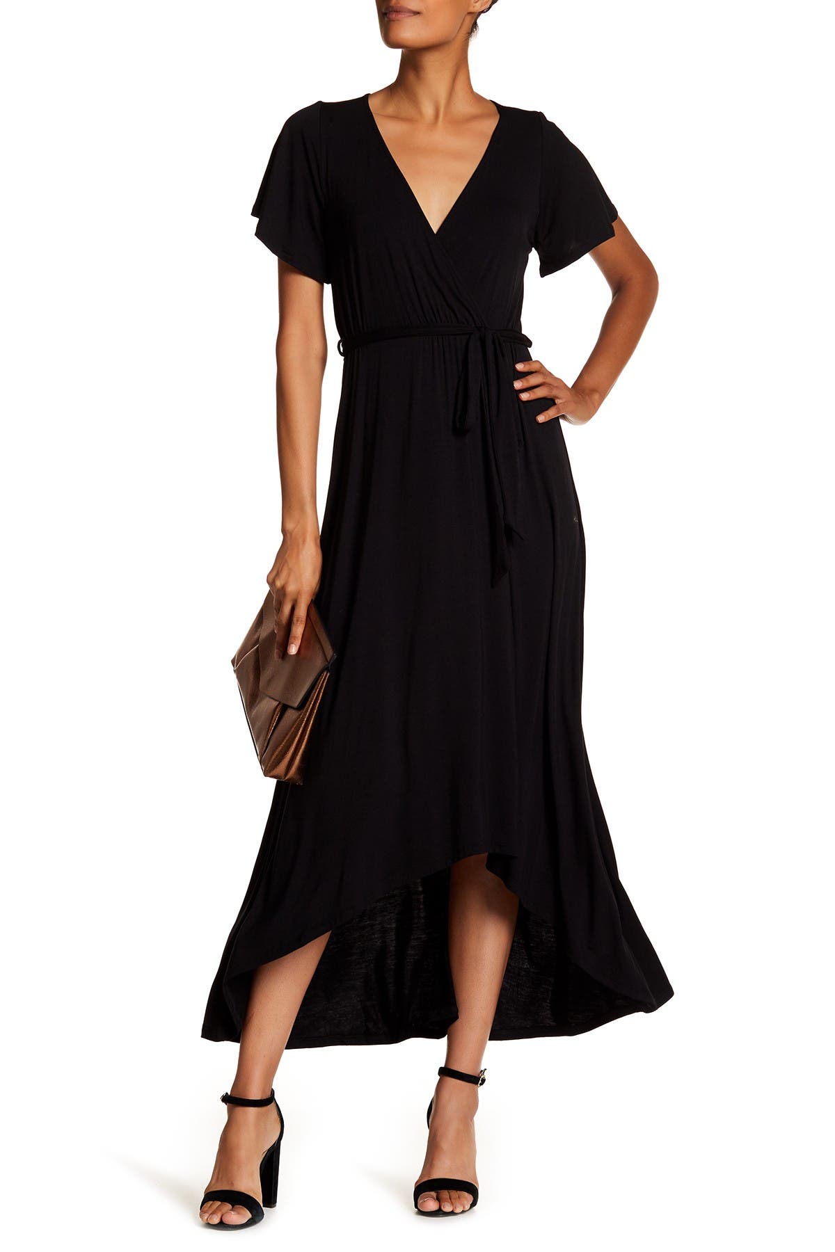 West Kei Flutter Sleeve High/low Wrap Dress In Black | ModeSens