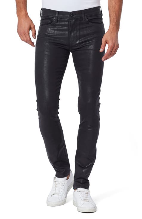 Khaki Brown Belted Tapered Pants in Shiny Coated Denim