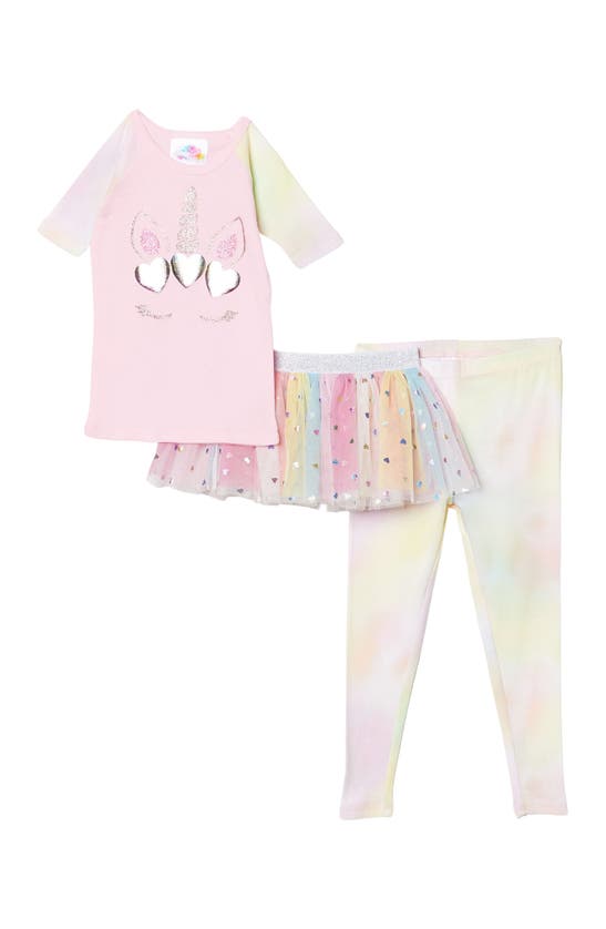 Btween Kids' Unicorn Tie Dye Top, Tutu & Leggings Pajama Set In Pktdy