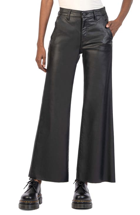 Meg High Waist Raw Hem Coated Wide Leg Jeans