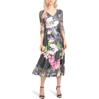 Petite Komarov Charmeuse & Chiffon Midi Dress, Black