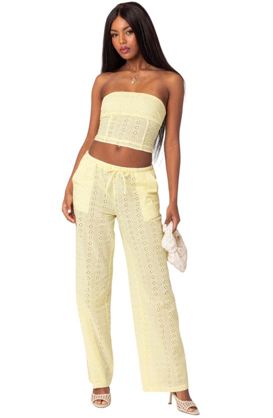 Shop Edikted Lemon Eyelet Embroidered Cotton Drawstring Pants In Yellow