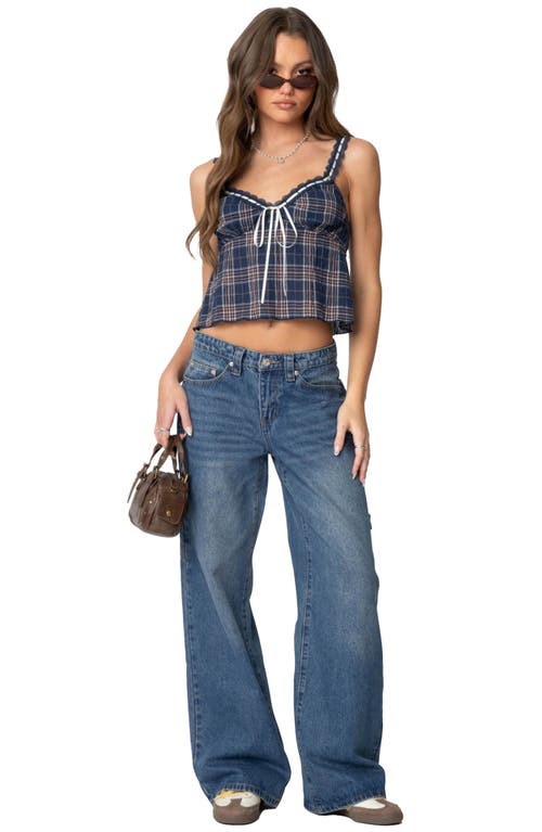 Edikted Plaid Lace Trim Crop Camisole In Navy