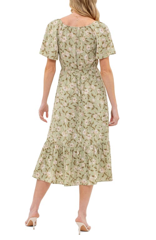 August Sky Floral Smocked Short Sleeve Midi Dress In Light Olive Multi