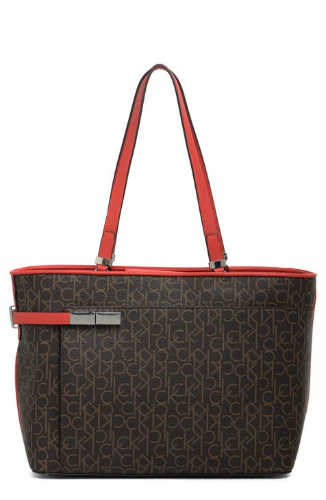 Calvin Klein Women's Brown Logo Print Large Shopper Tote Bag Handbag Purse