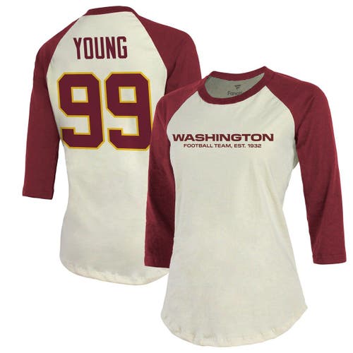 Majestic Threads Women's Fanatics Branded Chase Young Cream/Burgundy Washington Football Team Player Raglan Name & Number 3/4-Sleeve T-Shirt at