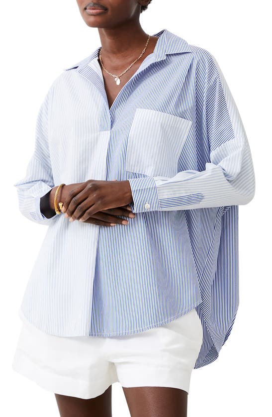 Shop French Connection Stripe Popover Shirt In Linen-navy-light Blu