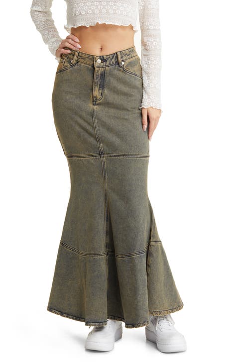 Vintage Lady Long Denim Skirt Jean A Line Distressed Fringe Raw Trim Casual  Chic