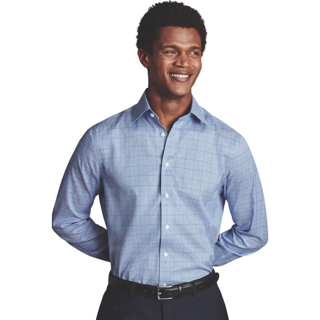 Charles Tyrwhitt Prince Of Wales Check Non-iron Twill Slim Fit Shirt Single Cuff In Indigo Blue
