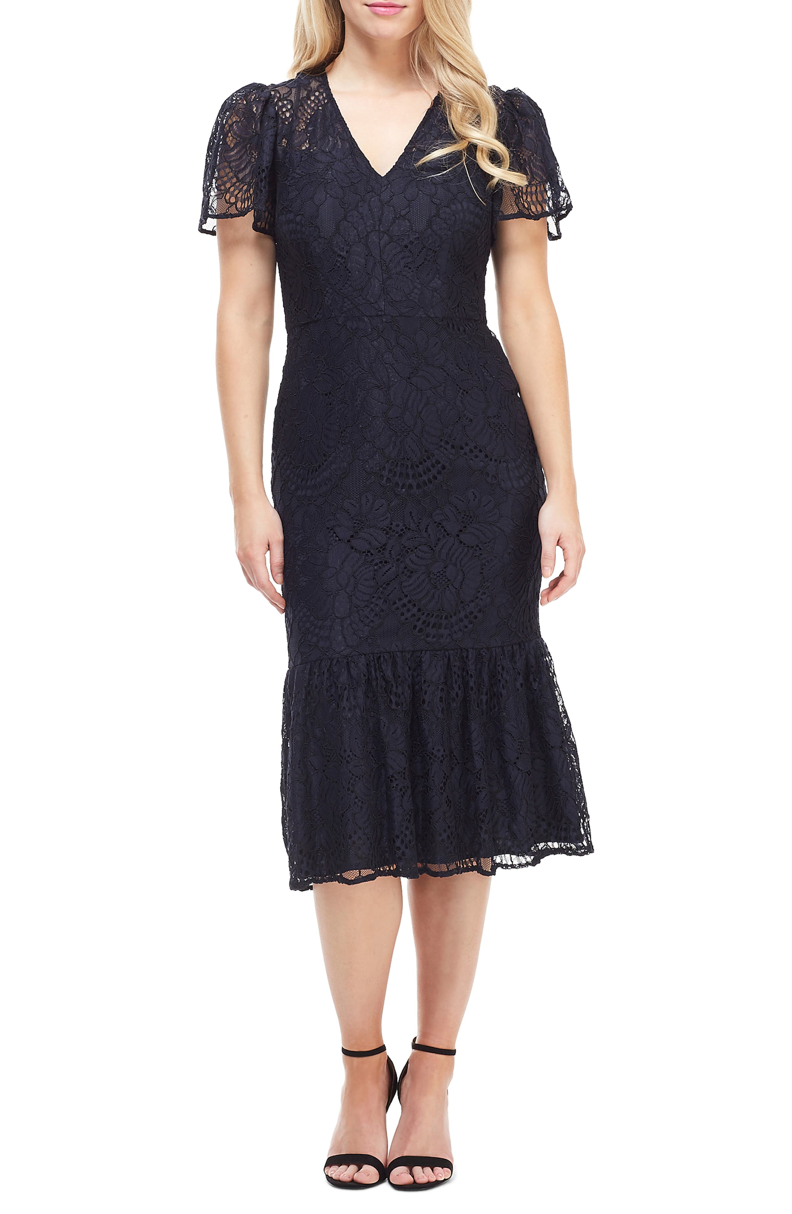 Maggy London Lace Ruffle Hem Dress, Blue