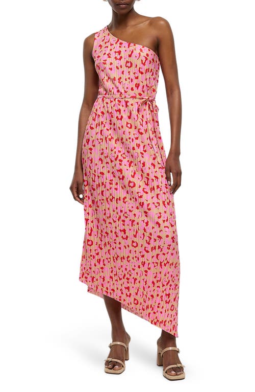 River Island Asymmetric One-Shoulder Tie Waist Plissé Dress in Pink