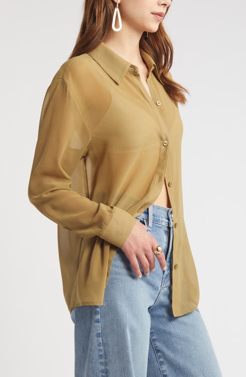 Shop Open Edit Sheer Button-up Shirt In Olive Brine