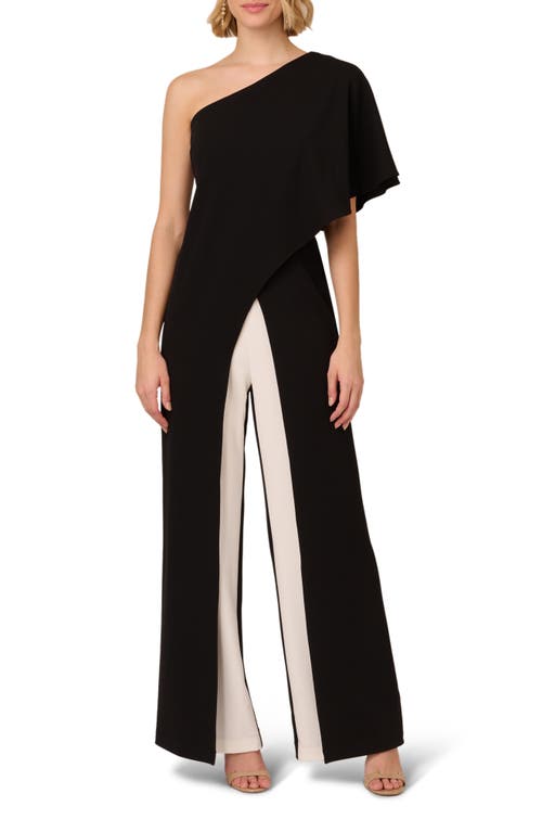 Adrianna Papell One-shoulder Crepe Overlay Jumpsuit In Black/ivory