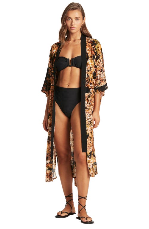 Shop Sea Level Floral Open Front Belted Cover-up In Black