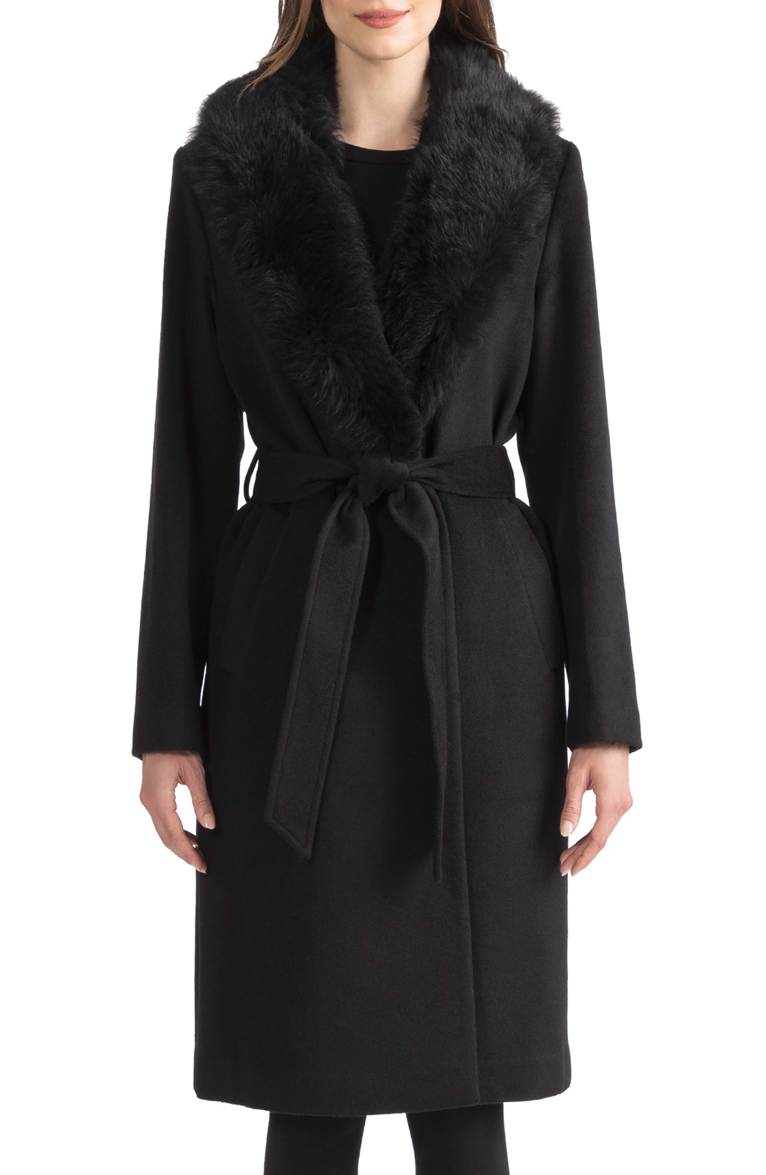 french connection carmelita faux fur collar long coat black