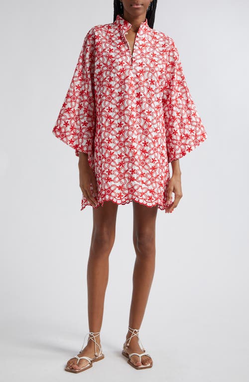 Floral Embroidered Cover-Up Mini Caftan in Red/White