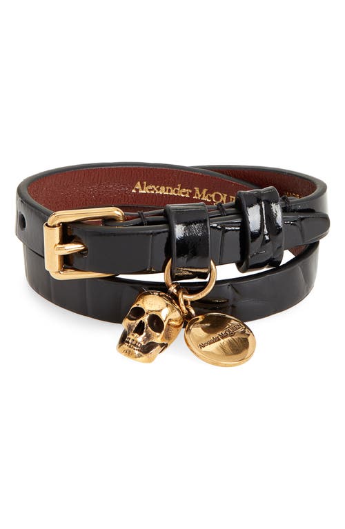 Alexander McQueen Skull Charm Croc Embossed Leather Double Wrap Bracelet in Black at Nordstrom