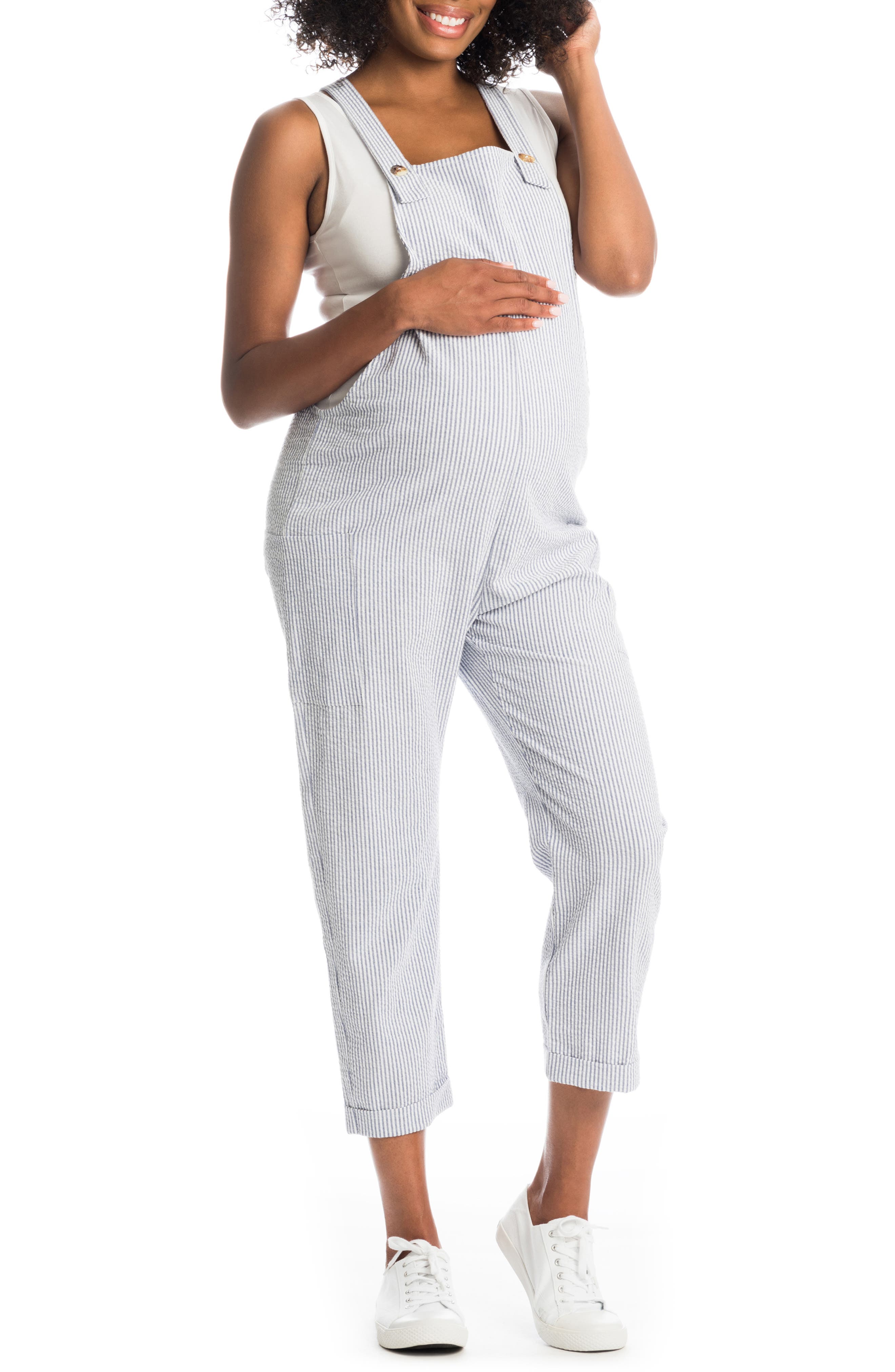 Everly Grey Nani Maternity/Nursing Seersucker Overalls in Royal Stripe