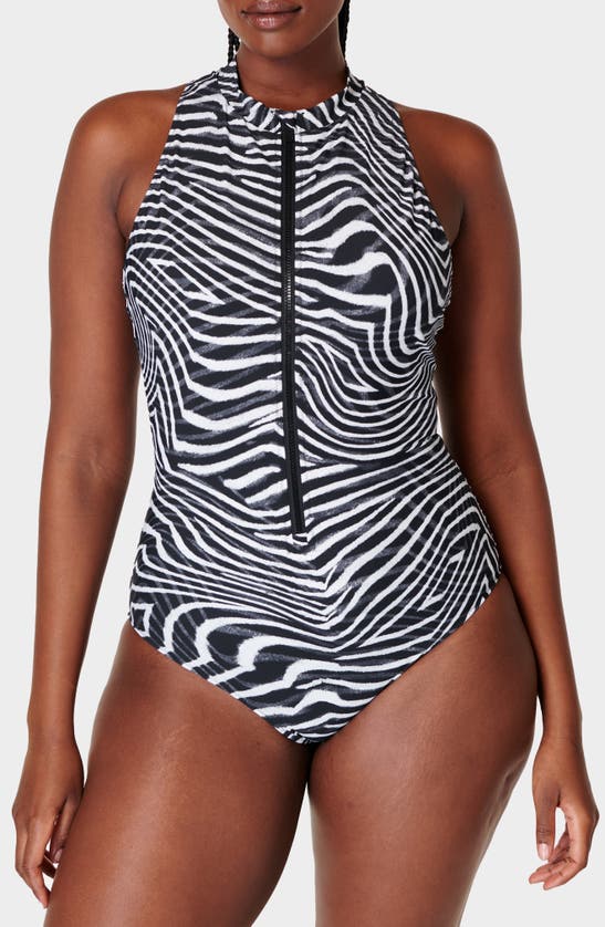Shop Sweaty Betty Vista High Neck Zip-up One-piece Swimsuit In Grey Exposure Print