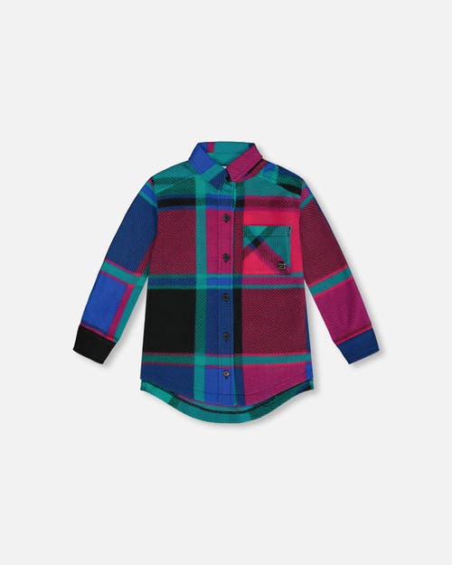 Shop Deux Par Deux Little Girl's Button Down Polar Fleece Tunic Shirt Plaid Turquoise And Pink In Plaid Teal & Lilac