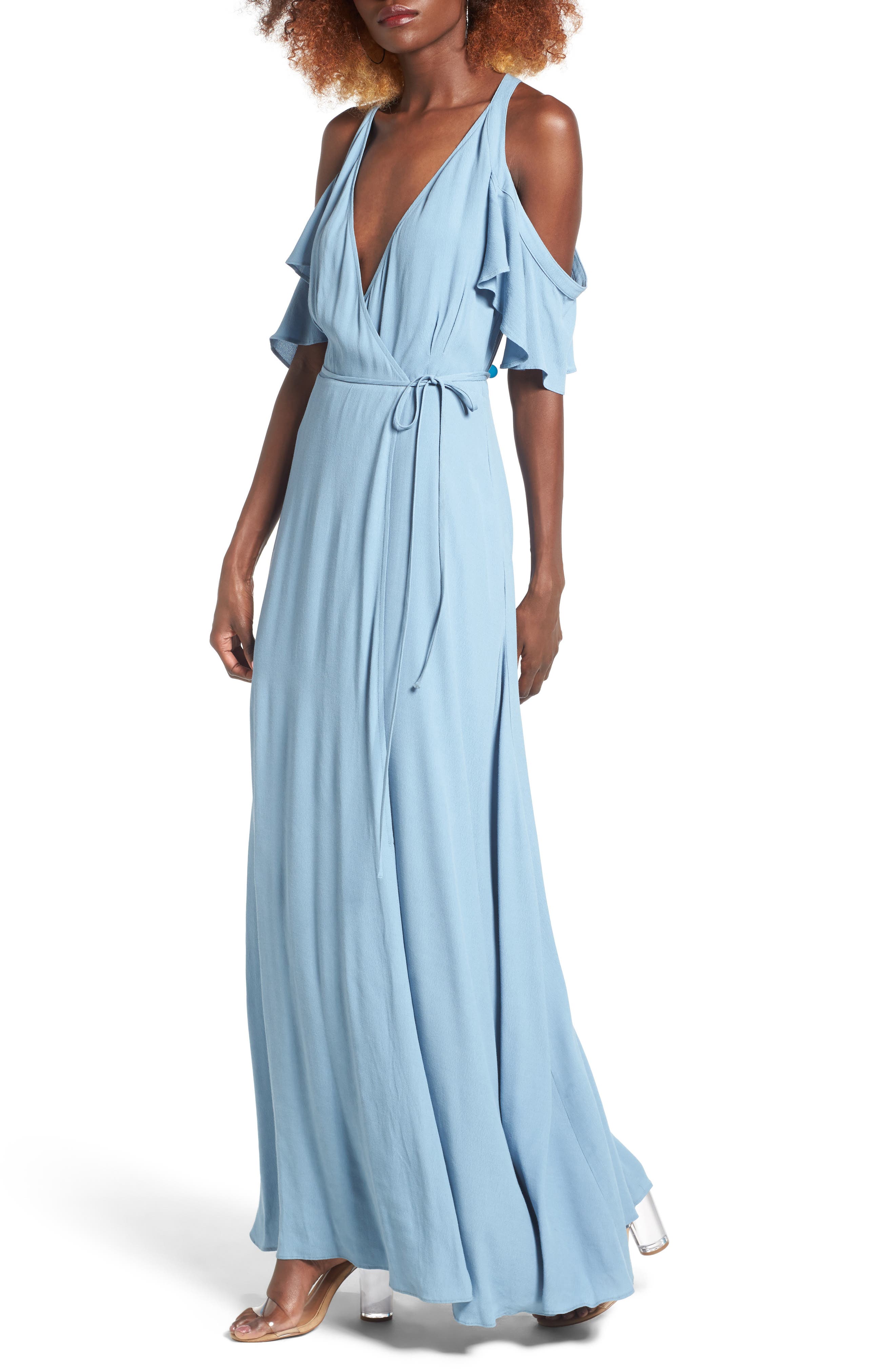 off the shoulder wrap maxi dress