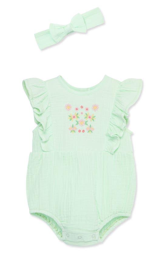 Little Me Babies' Embroidered Floral Bubble Romper & Headband Set In Green