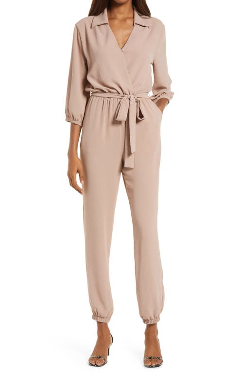 Shop Fraiche By J Tie Waist Long Sleeve Jumpsuit In Beige/khaki