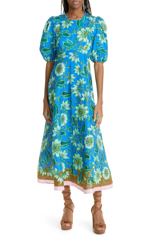 ALEMAIS Winnie Floral Linen Midi Dress in Cobalt