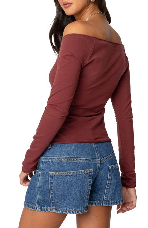 Edikted Nattie Off The Shoulder Long Sleeve Top In Burgundy