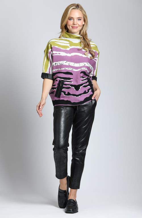 Apny Tiger Pattern Dolman Sleeve Sweater With Faux Leather Trim In Magenta Multi