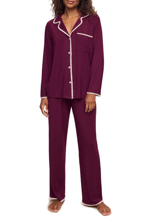 Eberjey Frida Whipstitch Long Pajama Set In Plum/ivory