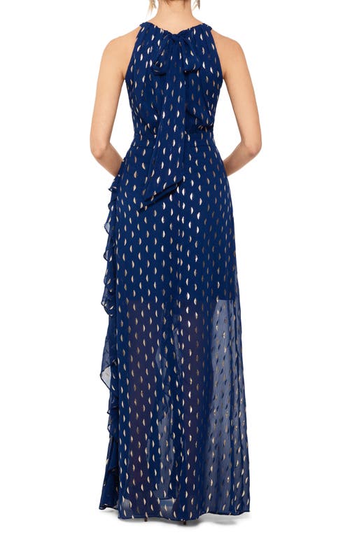 Shop Betsy & Adam Metallic Clip Dot Ruffle Halter Neck Chiffon Gown In Light Navy/gold