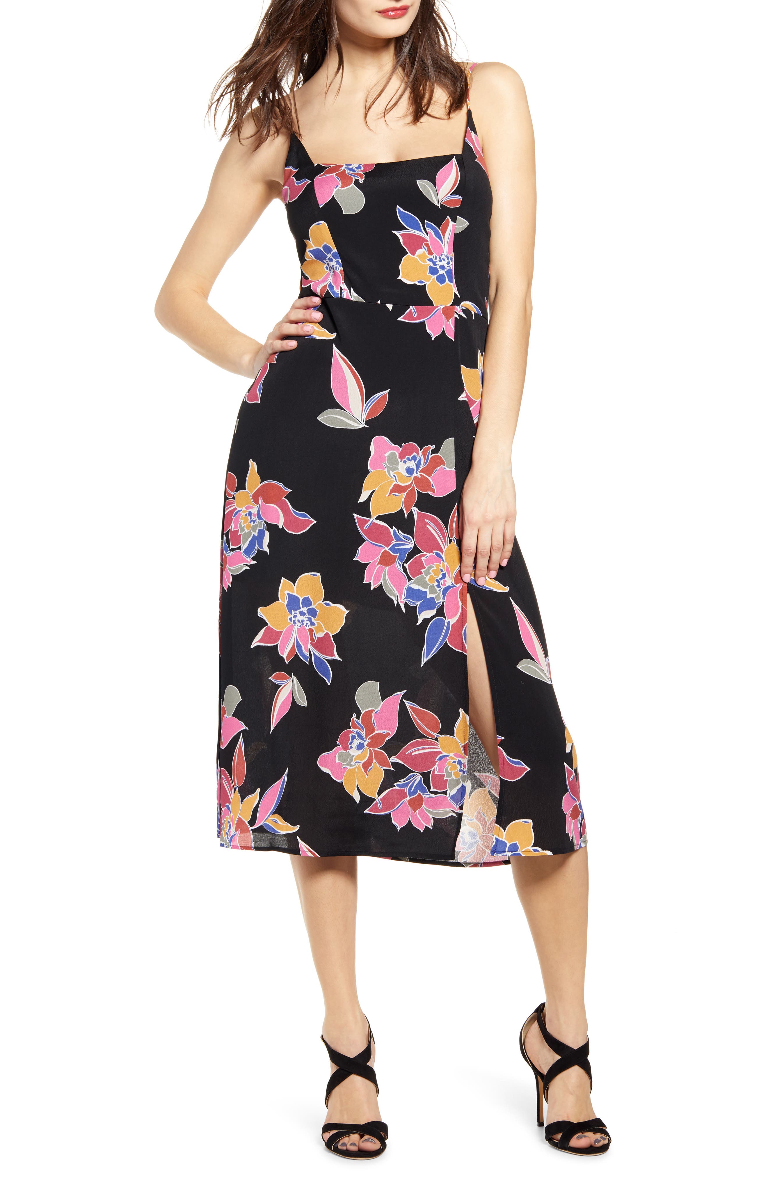 Row A Retro Print Side Slit Midi Sundress, Black