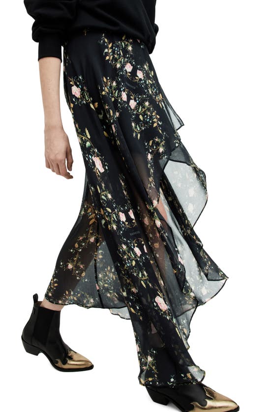 Shop Allsaints Slvina Oto Floral Ruffled High-low Skirt In Black