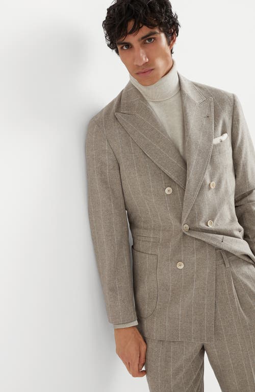 Shop Brunello Cucinelli Wool And Cashmere Wide Chalk Stripe Combed Flannel One-and-a-half Breasted Decons In Stone Grey