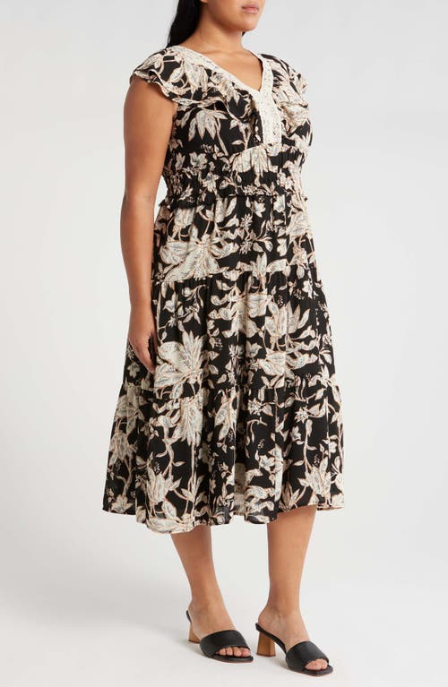 Tahari Asl Foliage Print Cap Sleeve Midi Dress In Black Natural